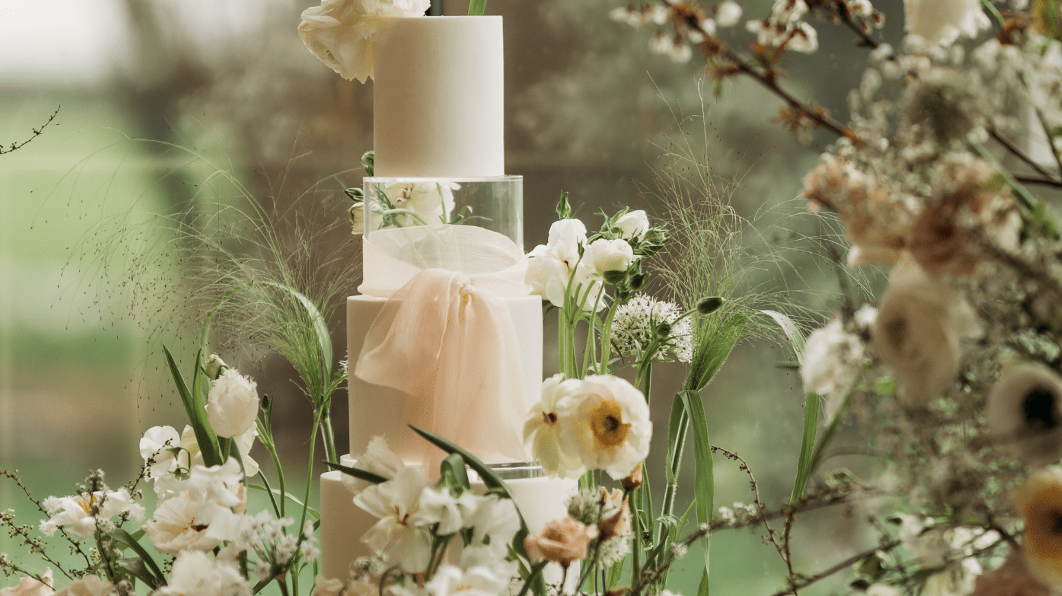 Timeless tiered wedding cake centrepiece styled on a pedestal cake stand with soft floral detail by Centre Stage Cakes