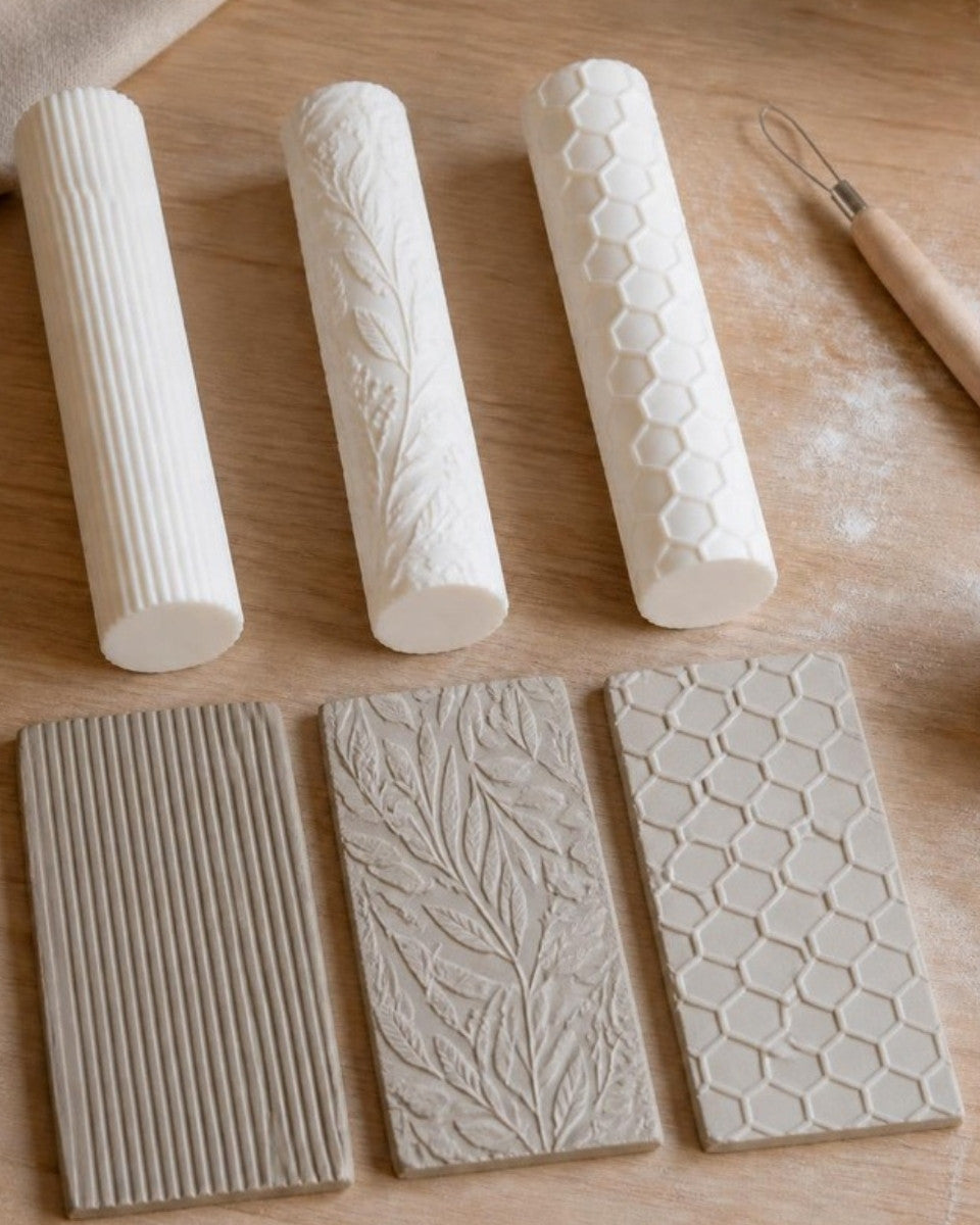 Slab Starter Trio: Prop Options Reeded, Olive and Honeycomb 9 inch clay texture rollers with textured stoneware slabs