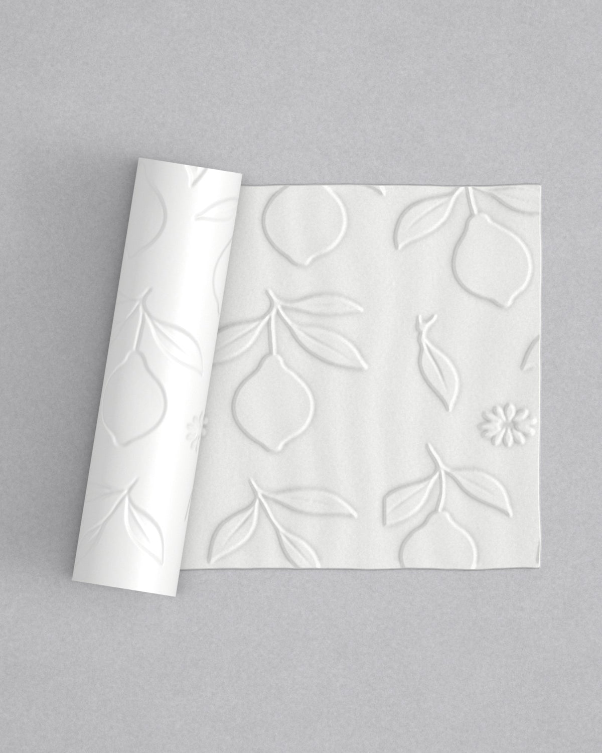 No.72 Lemons mini 4" texture rolling pin with its pattern rolled out on white fondant - Prop Options