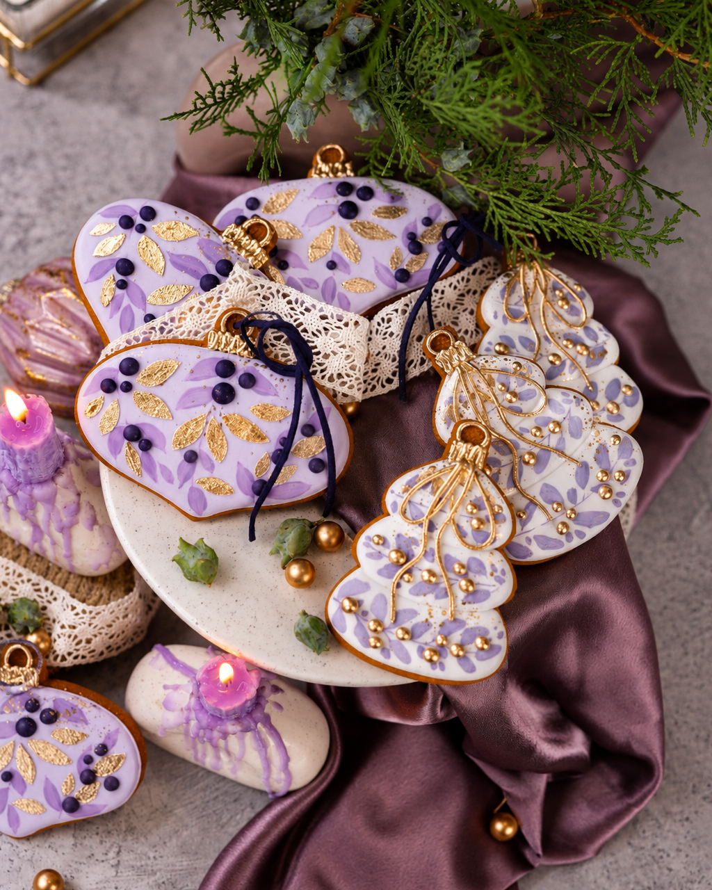Lavender and gold Christmas cookies made with the Prop Options x Ekat's cookie set