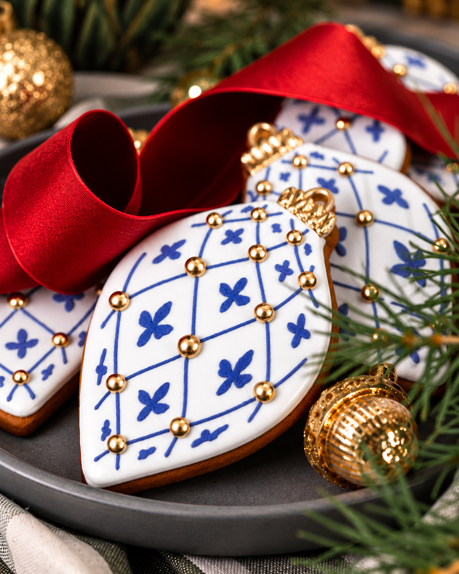 Blue and gold diamond bauble cookies, Prop Options x Ekat's Christmas cookie set