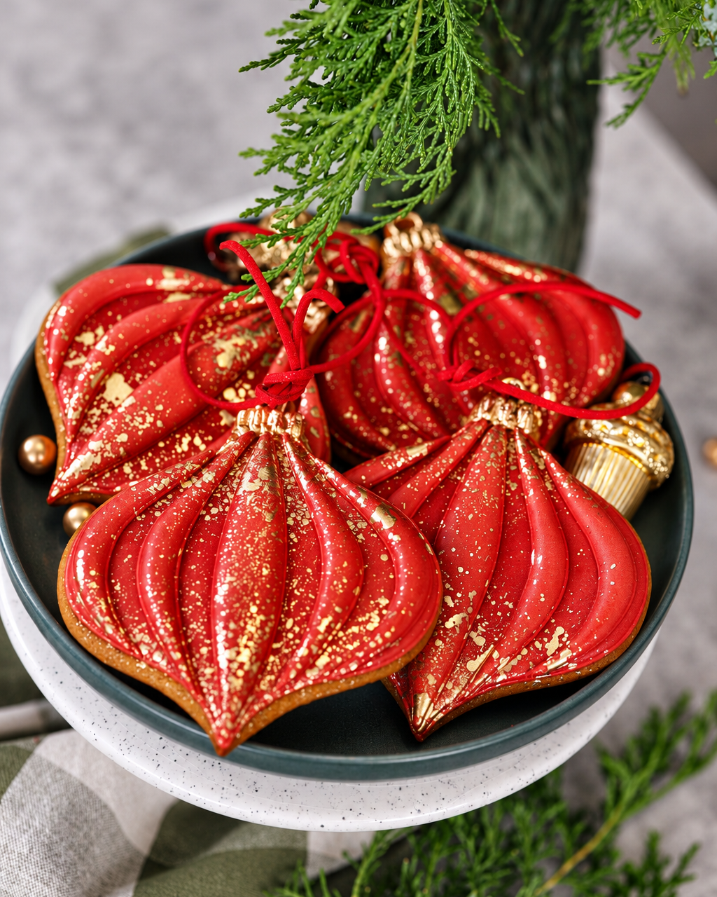 Red and gold bauble cookies in a bowl, Prop Options x Ekat's Christmas cookie set
