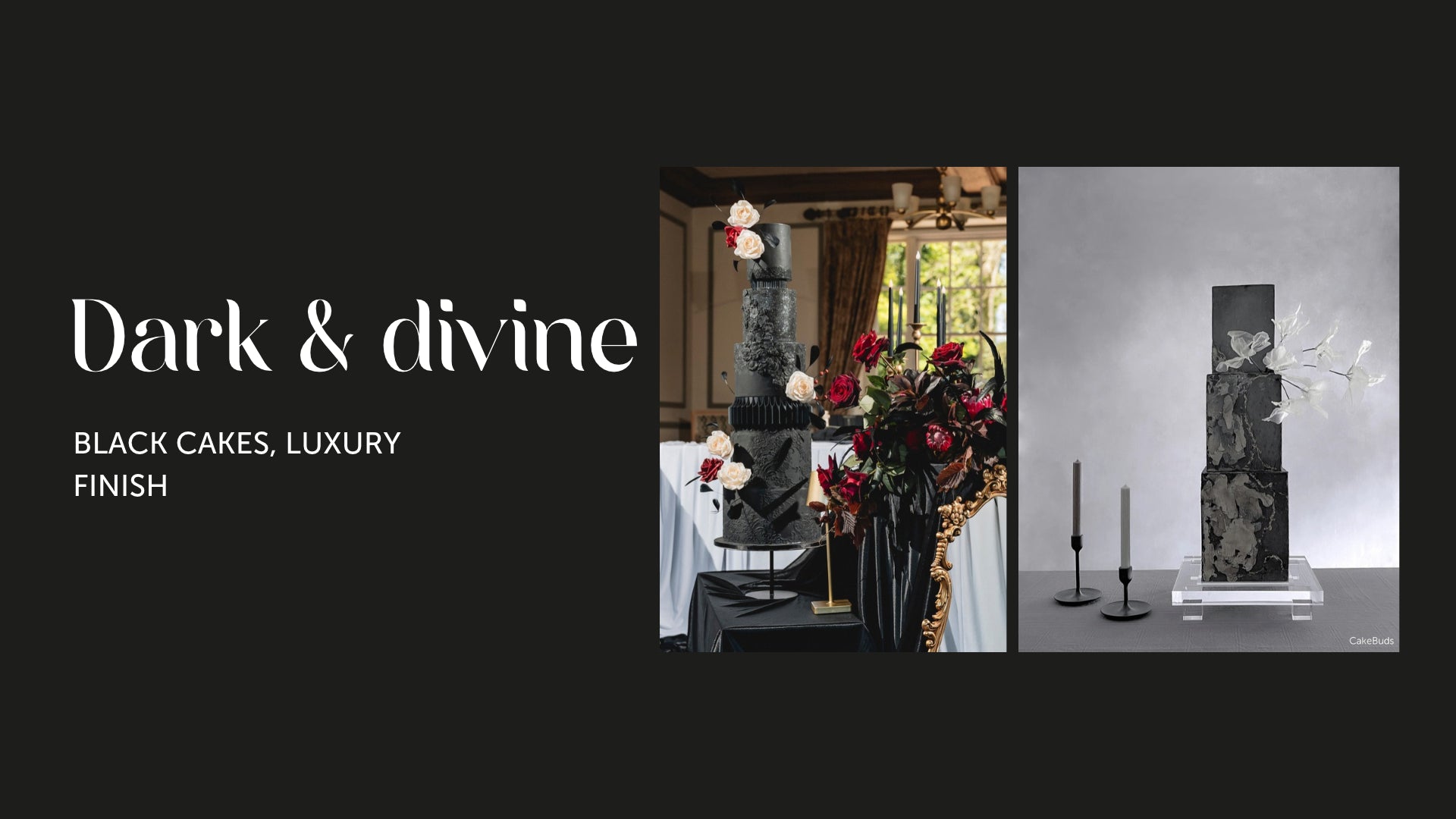 Dark and divine: a gothic black Halloween wedding cake and a textured black wedding cake on a dark background