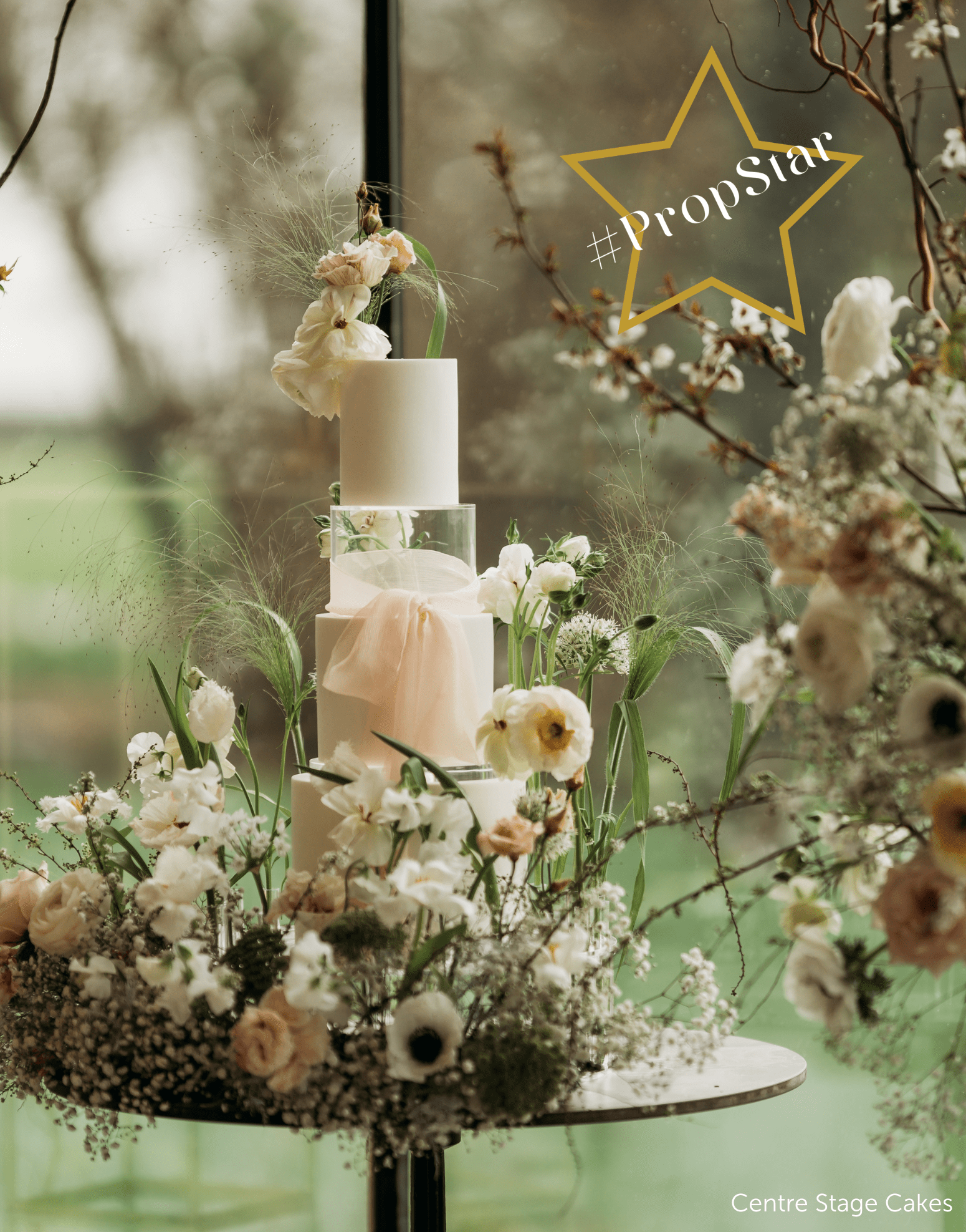 Timeless tiered wedding cake centrepiece styled on a pedestal cake stand with soft floral detail by Centre Stage Cakes
