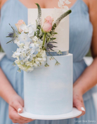 Two tier pastel blue and white cake with pastel coloured flowers, the tiers are separated using a 15mm Acrylic Cake Separator - Prop Options