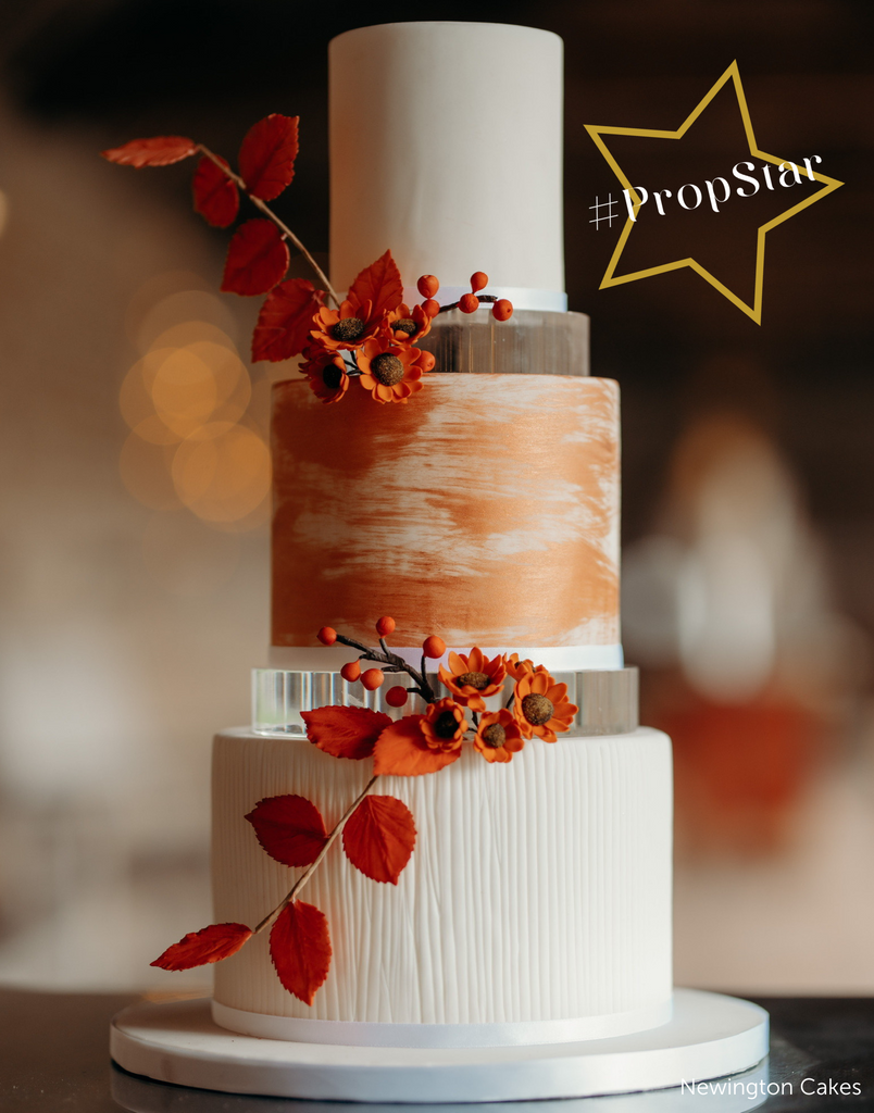 PropStar winning submission - three layer cake with white top and bottom layers and an orange middle layer with orange flower decorations, each layer is separated with a 30mm Round Acrylic Cake Separator - Prop Options