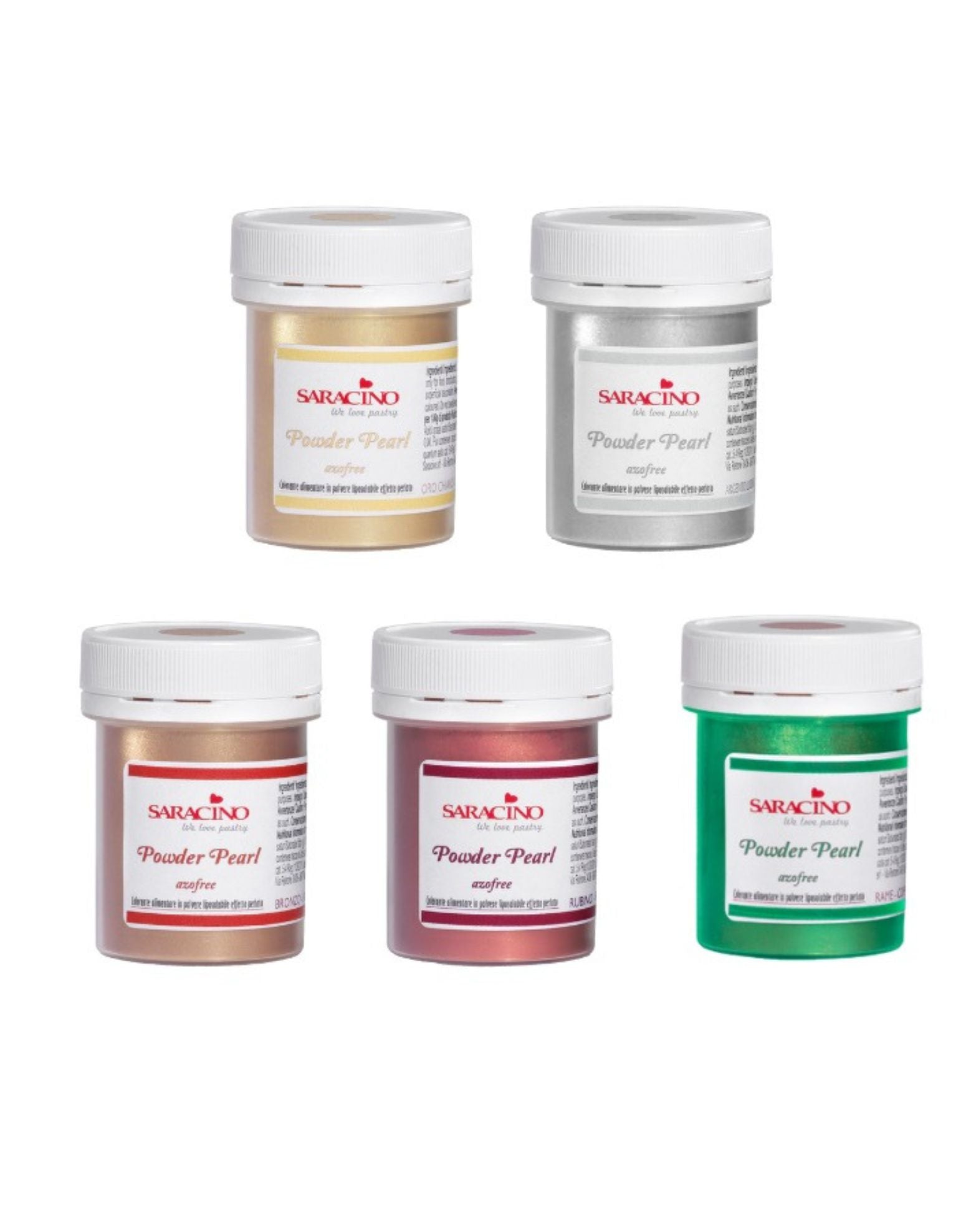 Five jars of Saracino Powder Pearl in different colors on a white background