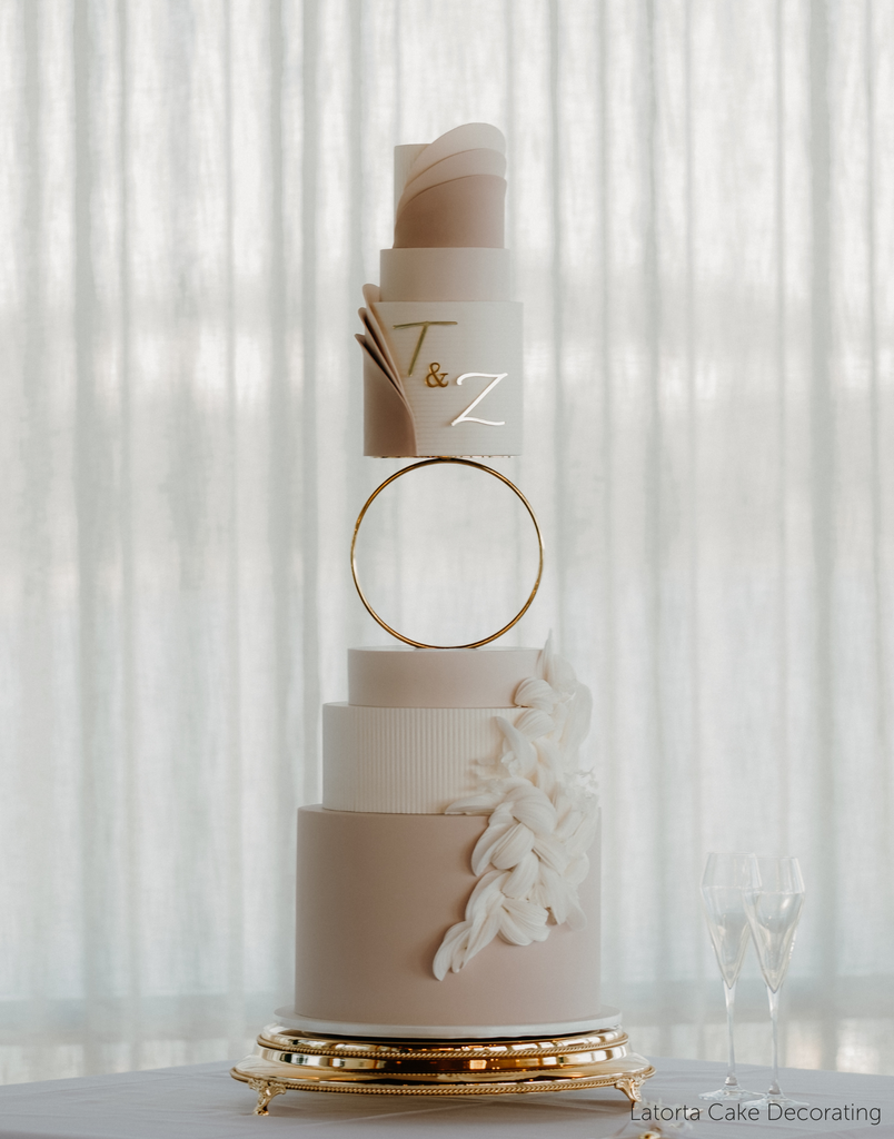A pink and white multitiered cake with delicate white leaves across the bottom tiers and the initials T & Z in gold lettering, the middle of the cake is separated using a Hoop Tier Separator - Prop Options