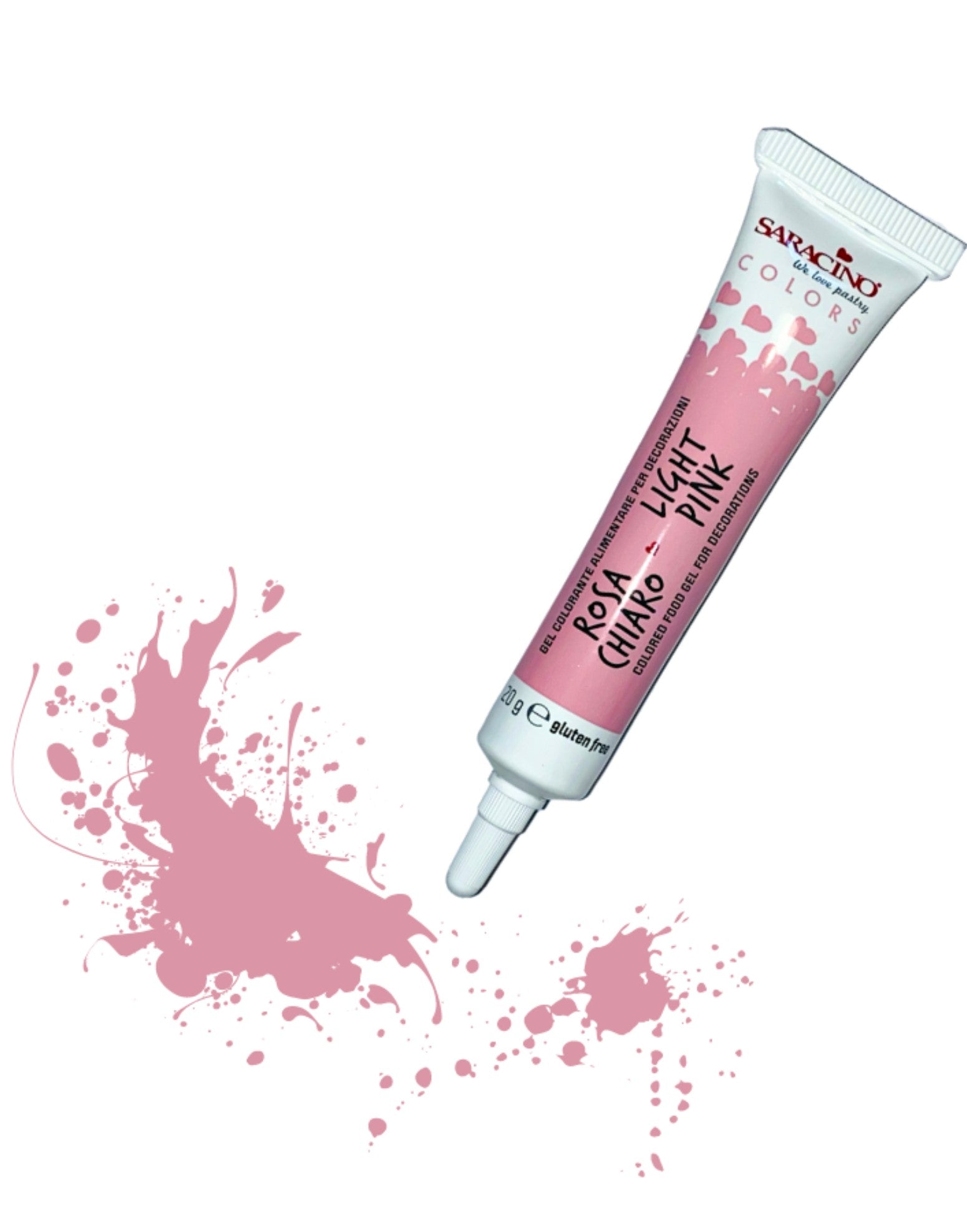 Pink paint tube with splashes on a white background