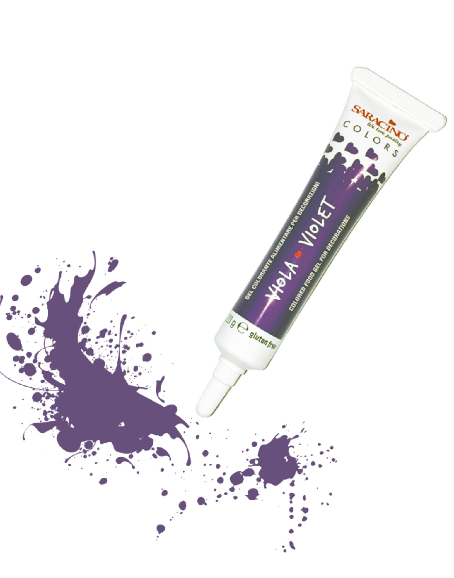 Purple hair color tube with splashes on a white background
