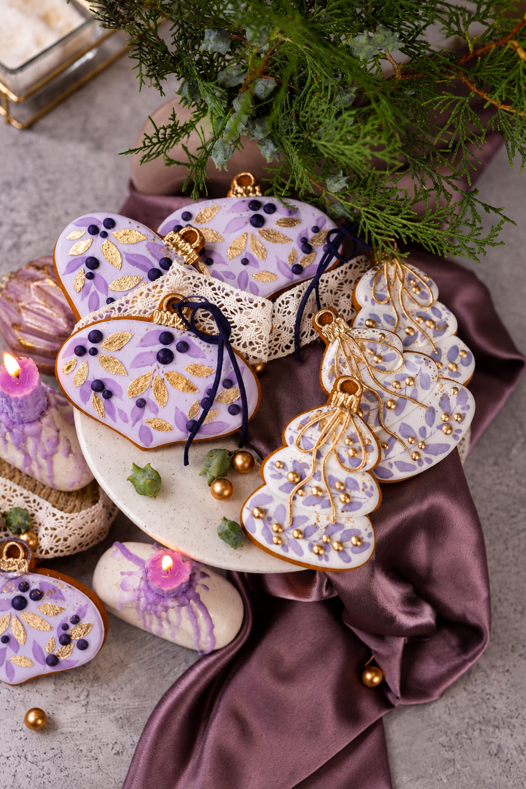 Lavender and gold Christmas cookies made with the Prop Options x Ekat's cookie set