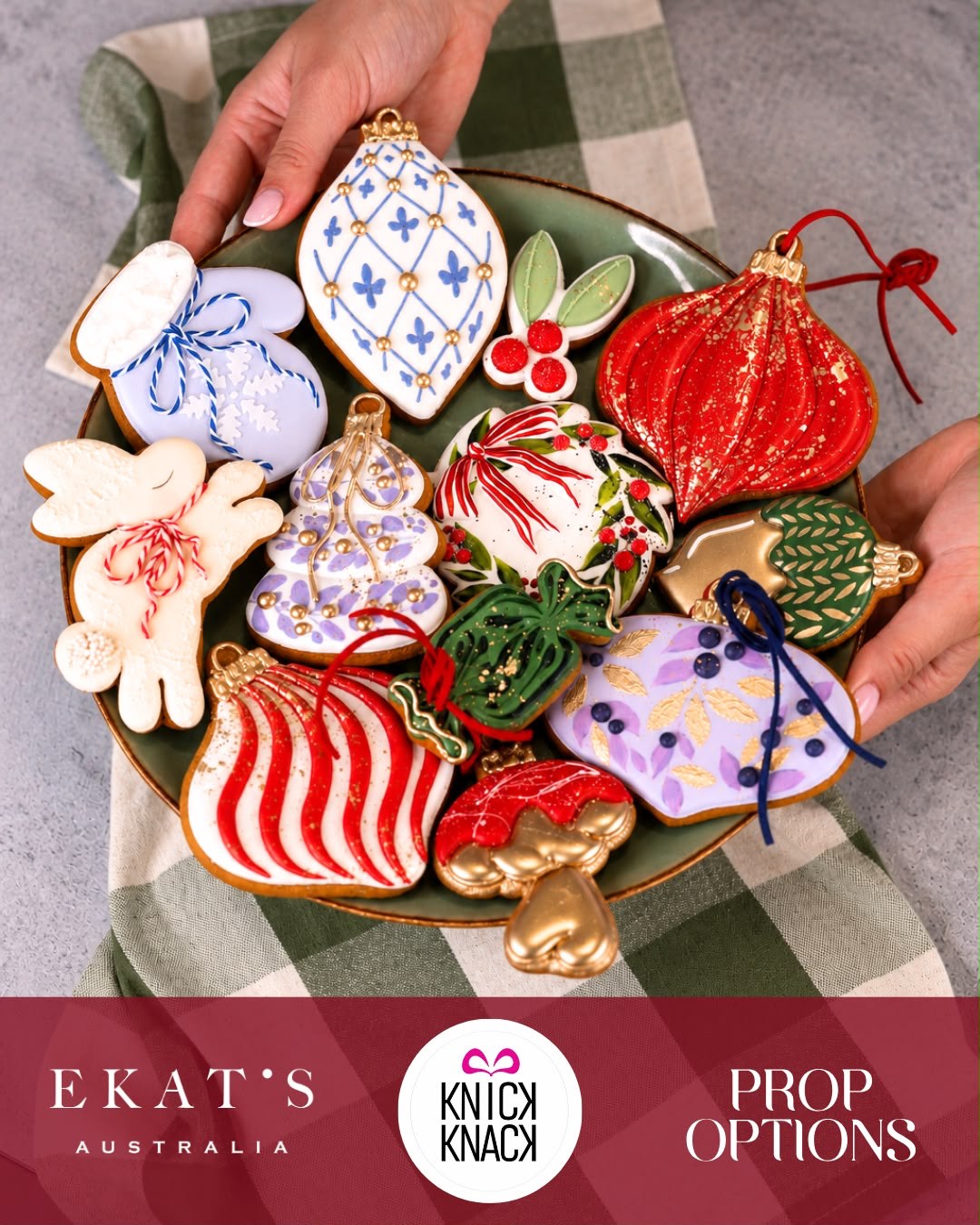Prop Options x Ekat's Australia x Knick Knack Christmas cookie collection, twelve decorated cookies on a platter