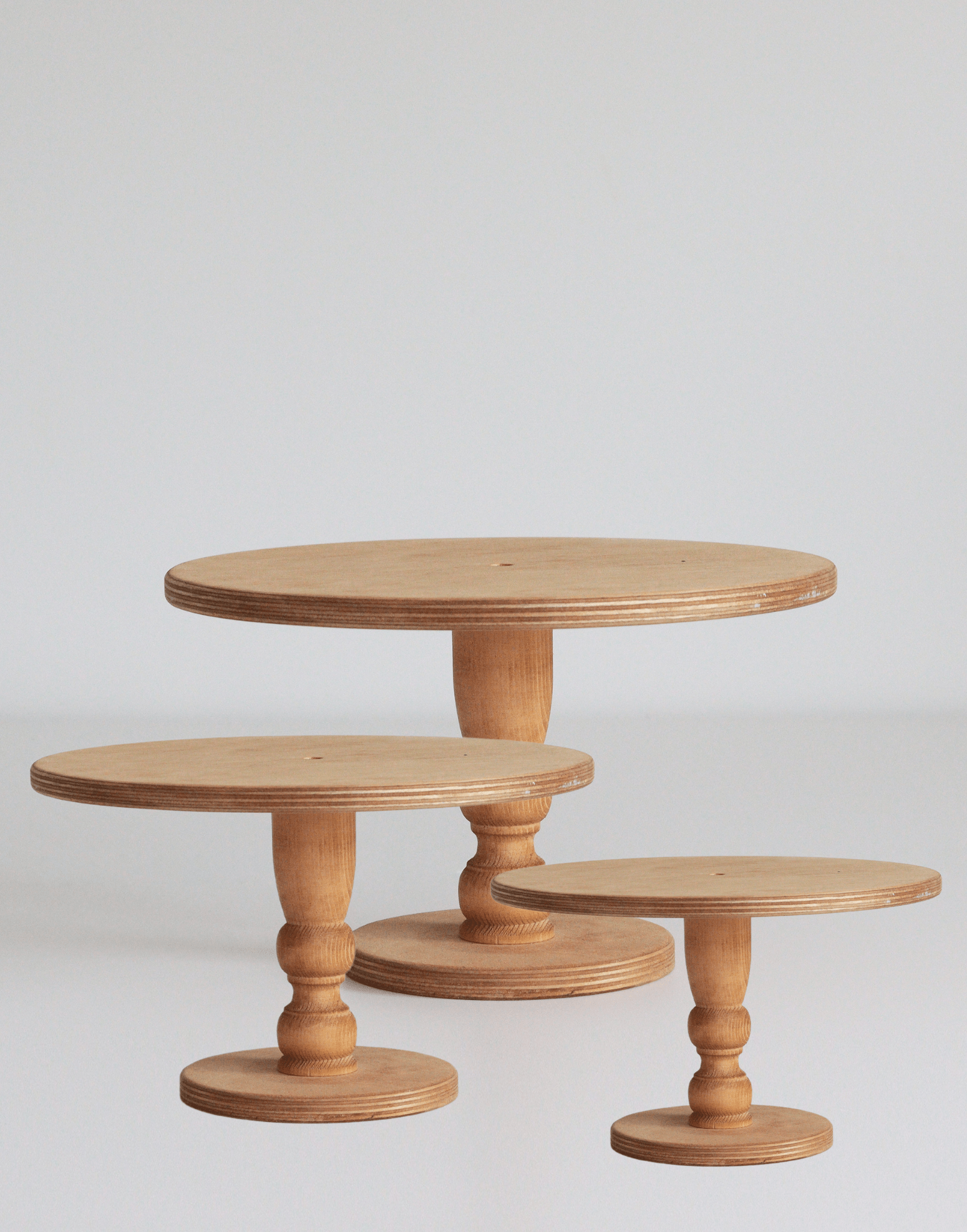 PropBundles - Trio of Original Scandinavian Birch Pedestal Cake Stands - Varied Diameters - Prop Options