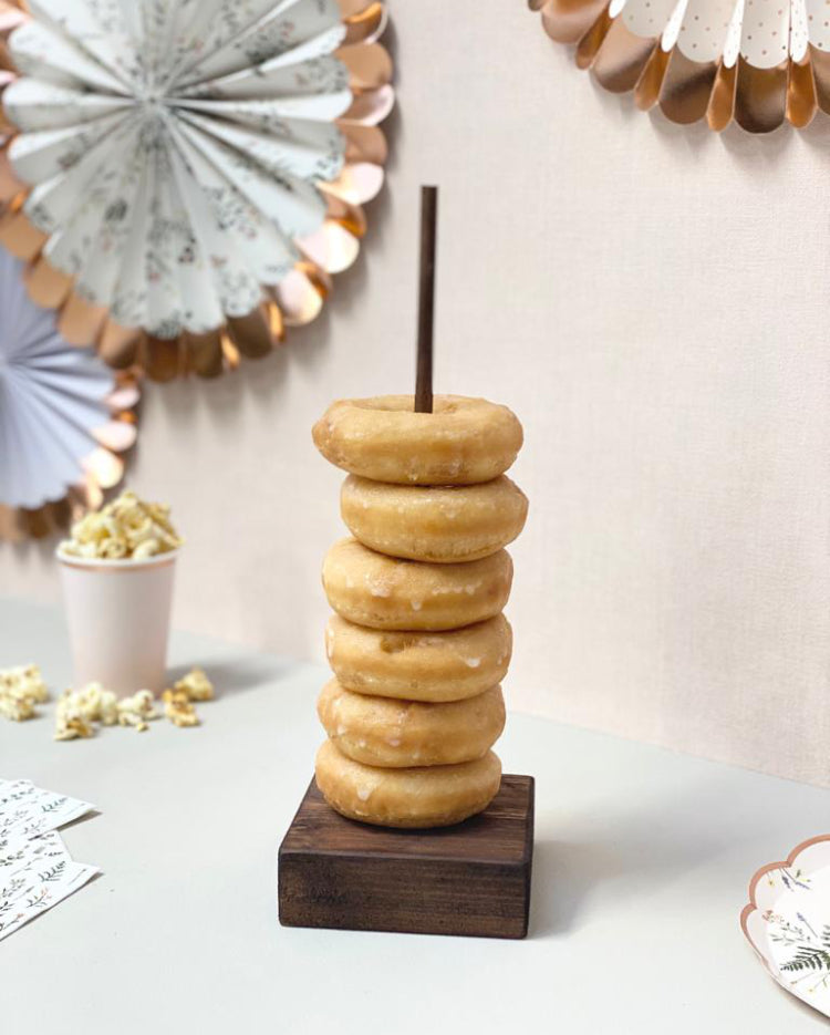 Prop Options wooden donut doughnut stand - 1 rod dark with donuts
