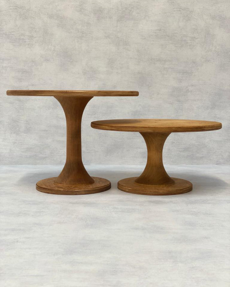Hourglass Scandinavian Birch Cake Stands in standard and tall sizes with a light finish - Prop Options
